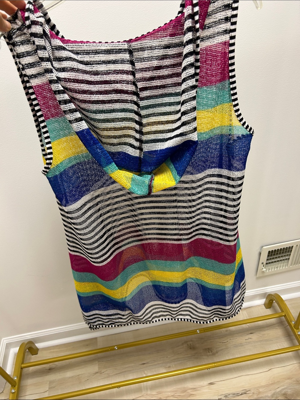 Multicolor Striped Sleeveless hooded mesh Tunic - Rainbow Stripe image 3